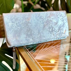 The Limited Metallic Silver Patterned Fold-over Evening Clutch Tassel Fringe Zip